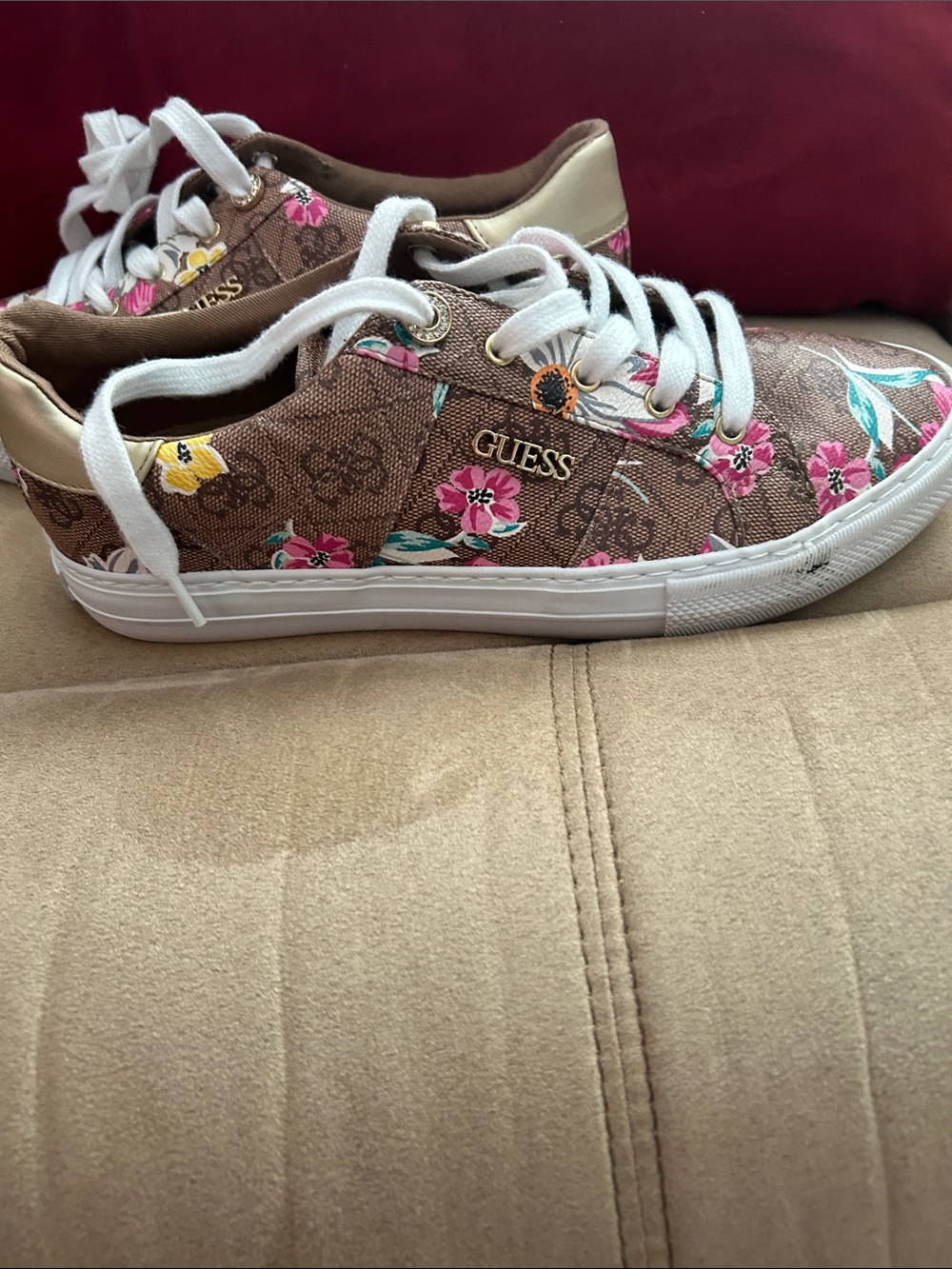 GUESS Brown Floral Logo Sneakers with Pink & Yellow Accents